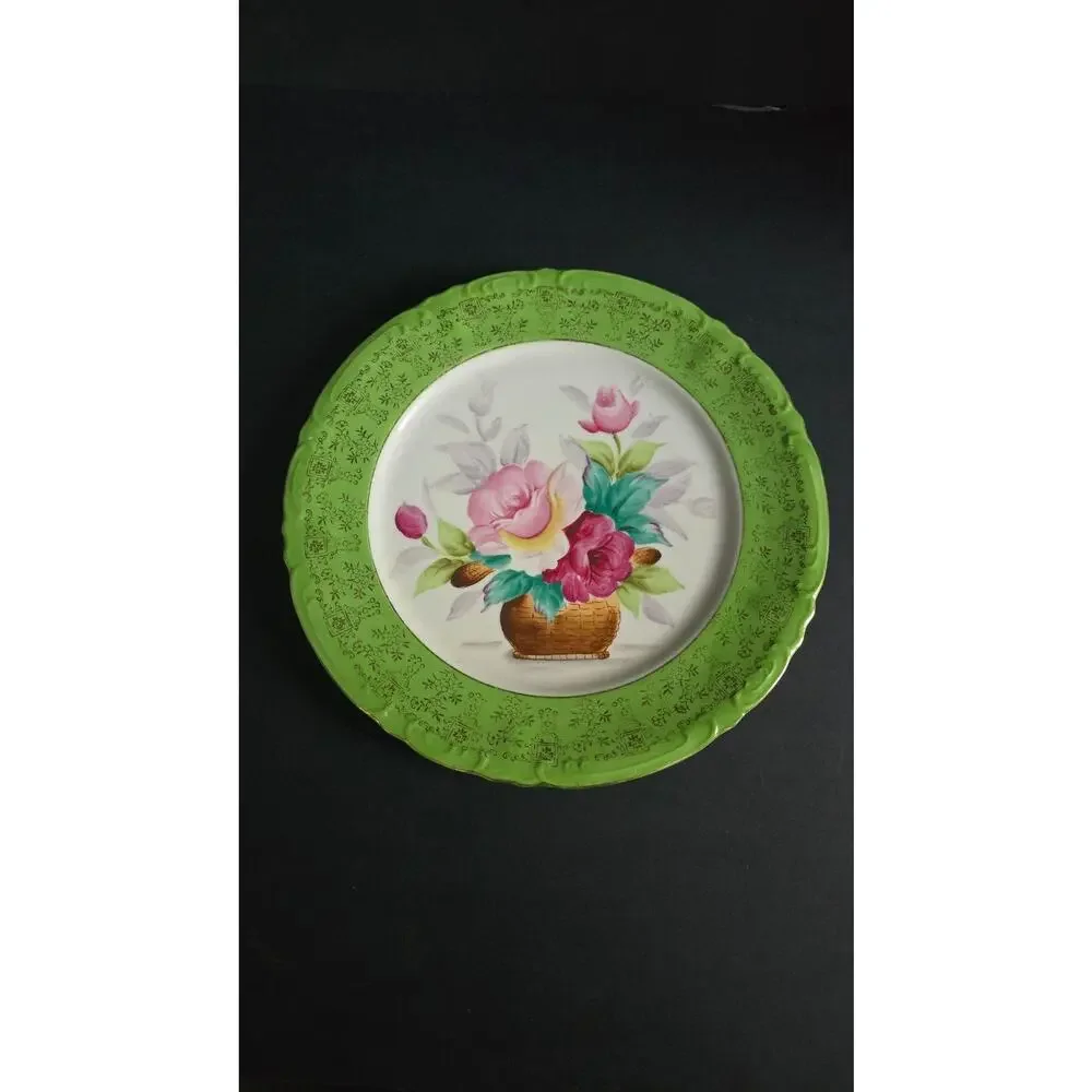 Vintage Porcelain Plate Painted Floral Basket Green Border Gold Trim Decor